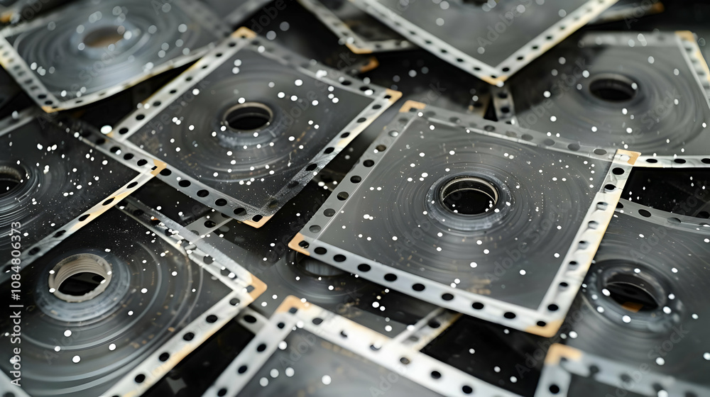 Fototapeta premium A Close-Up View of a Pile of Dusty, Black and White Photographic Slides, Each Featuring a Circular Hole in the Center