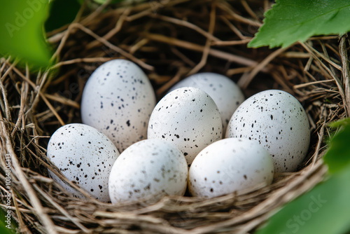 A nest containing speckled eggs surrounded by greenery.