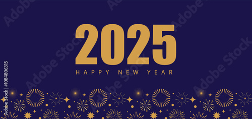Happy new year 2025 banner with gold stars and fireworks on the blue background