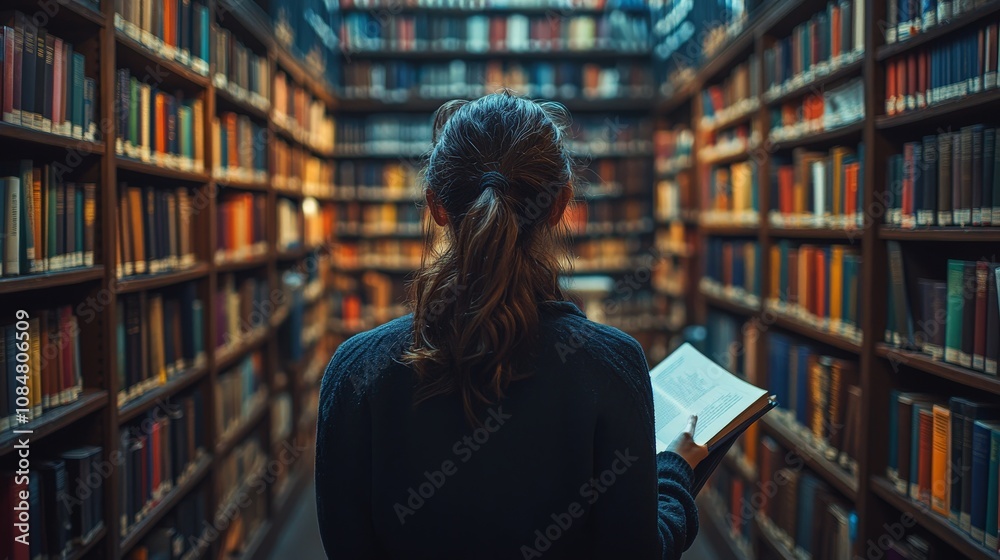 Woman Reading Book Surrounded By Library Bookshelves Woman Reading Book Surrounded By Library Bookshelves