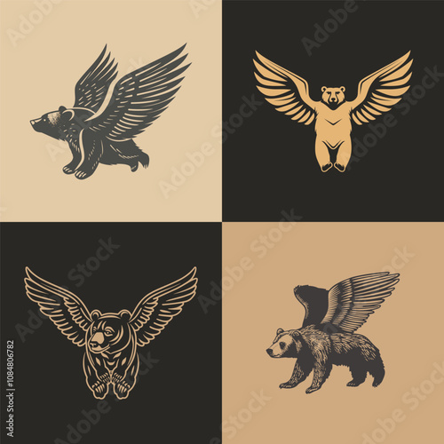 Winged bear fly logo design vector