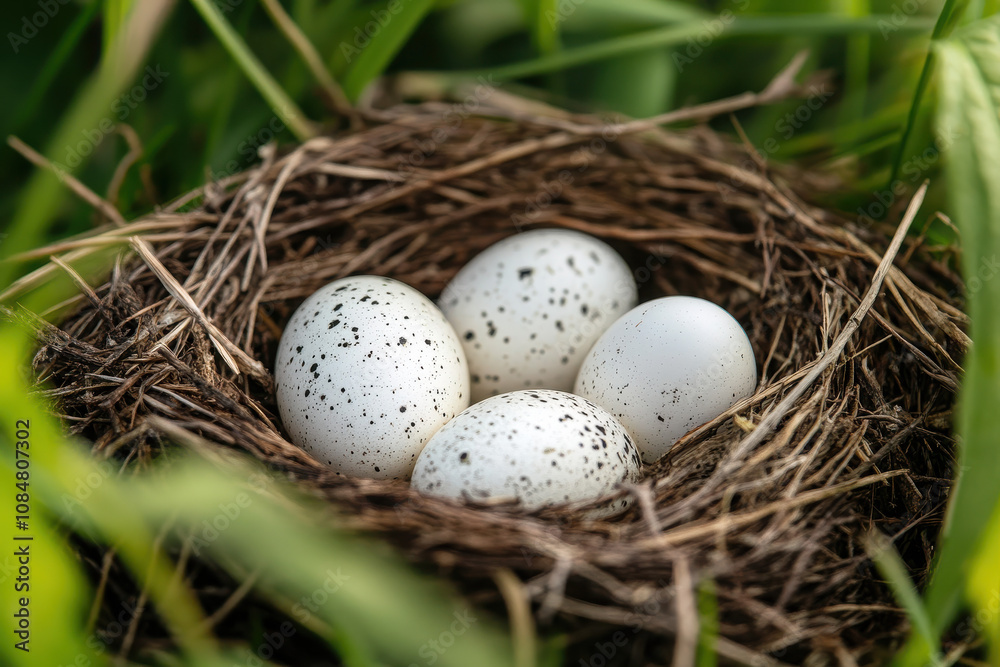 A nest containing four speckled eggs surrounded by green grass. A nest containing four speckled eggs surrounded by green grass.