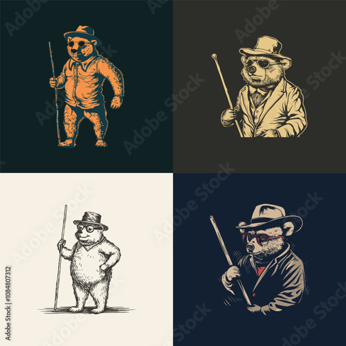 Gentlemen bear wearing top hat holding wooden stick logo design vector vintage