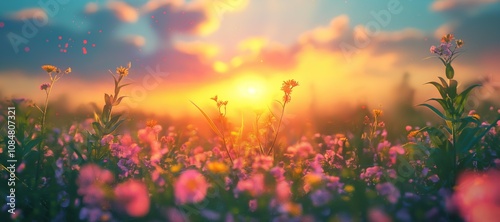 sunrise in the blue sky of spring and flower plants background 8