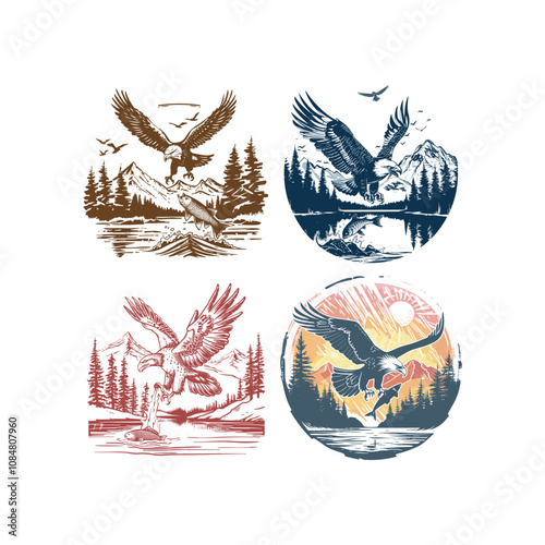 eagle catching fish in the lake with forest and mountains in the background logo design vector photo