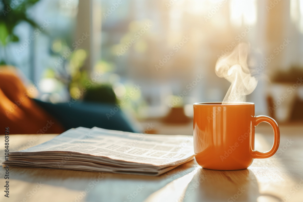 A warm orange coffee mug sits beside newspaper, with steam rising in cozy, sunlit setting. scene evokes sense of relaxation and morning tranquility A warm orange coffee mug sits beside newspaper, with steam rising in cozy, sunlit setting. scene evokes sense of relaxation and morning tranquility