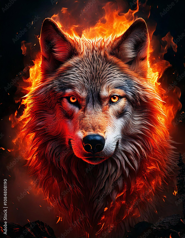 Beautiful and stunning portrait on fire - wolf on fire Beautiful and stunning portrait on fire - wolf on fire