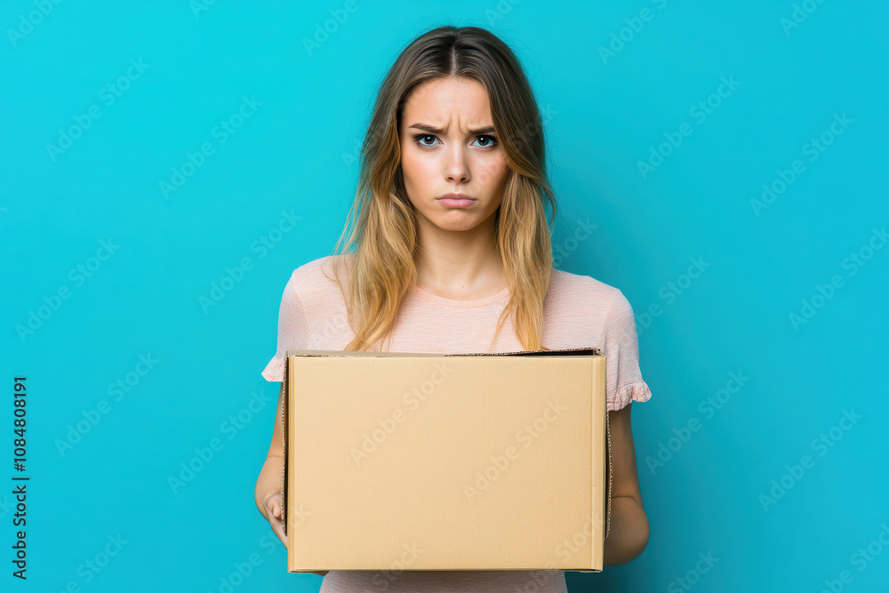 A woman with a concerned expression holds a cardboard box against a blue background. A woman with a concerned expression holds a cardboard box against a blue background.