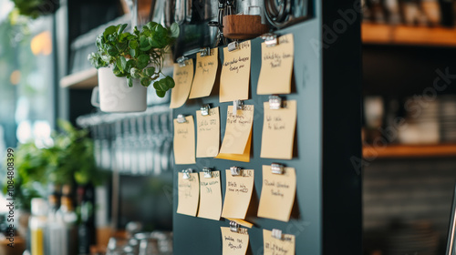 Sticky notes on cafe wall display reminders and tasks, creating cozy and organized atmosphere. greenery adds refreshing touch to space