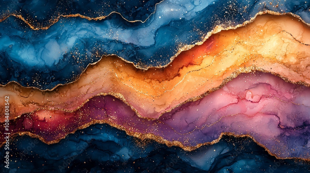 Abstract flowing colors with gold accents creating a vibrant artistic design. Abstract flowing colors with gold accents creating a vibrant artistic design.
