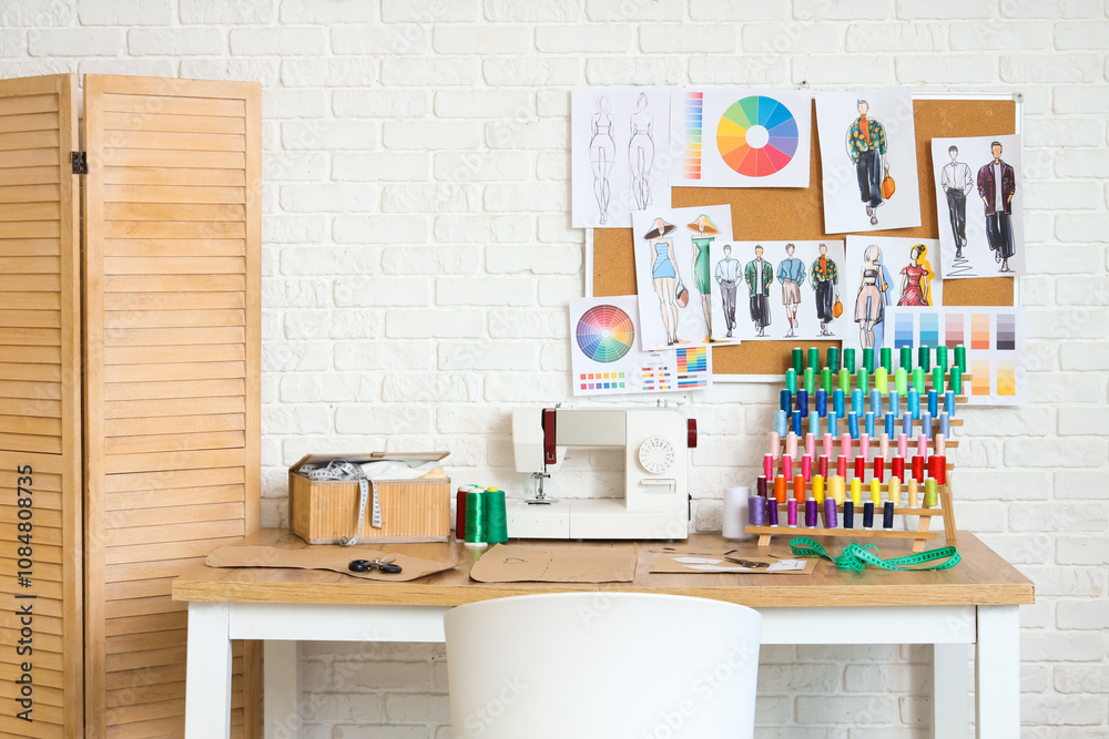 Interior of light atelier with tailor's workplace and pin board Interior of light atelier with tailor's workplace and pin board