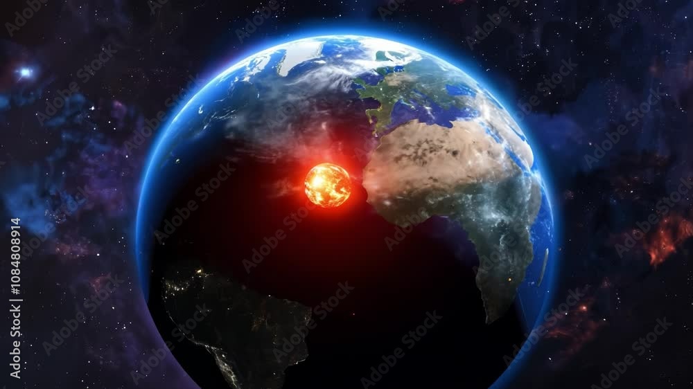Giant asteroid approaching rotating planet earth