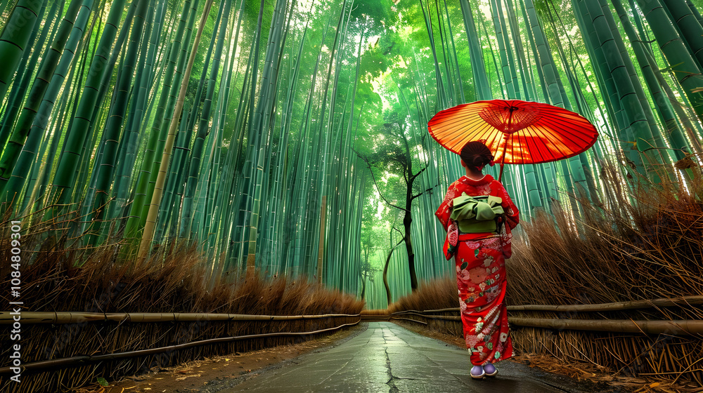 Obraz premium A Woman in Traditional Japanese Clothing Walks Through a Dense Bamboo Forest, Holding a Red Umbrella in a Serene and Tranquil Setting