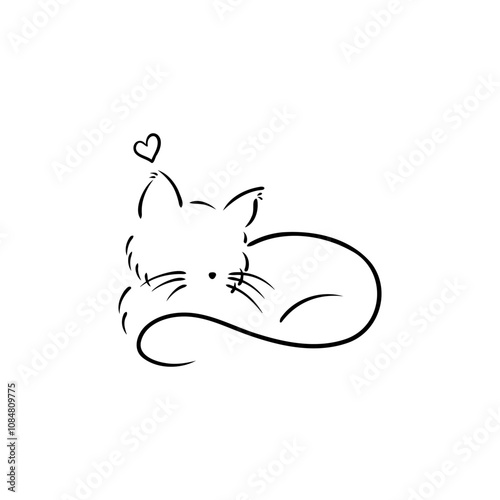 Cute black line drawing of a sleeping cat with a heart