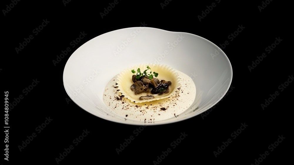 Exquisite Gourmet Ravioli Dish with Truffle Essence and Microgreens on Elegant White Plate Set Against Black Background