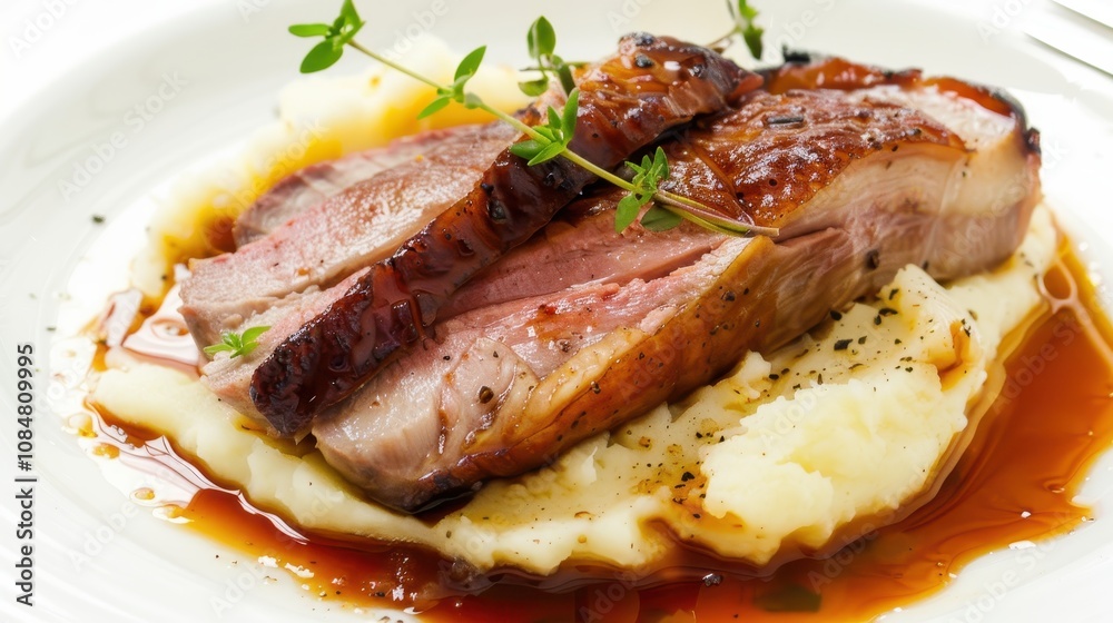 Savory Roasted Duck Breast Slices Resting on Creamy Mashed Potatoes Drizzled with Rich Sauce and Garnished with Fresh Thyme Sprigs for a Gourmet Meal Savory Roasted Duck Breast Slices Resting on Creamy Mashed Potatoes Drizzled with Rich Sauce and Garnished with Fresh Thyme Sprigs for a Gourmet Meal