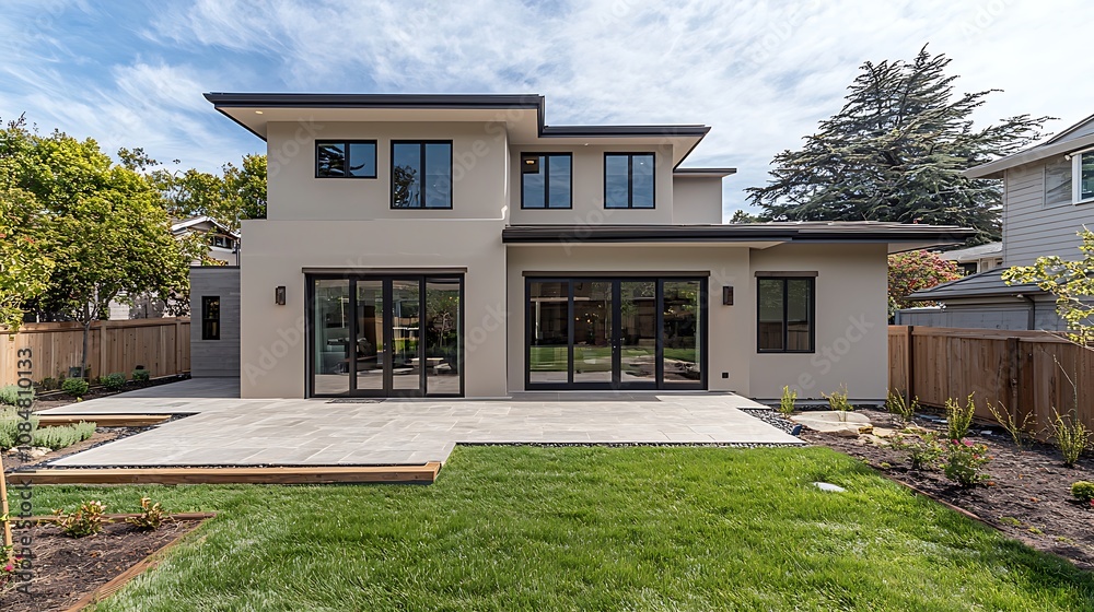 Newly constructed modern home featuring a backyard with a patio.