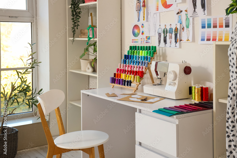 Fototapeta premium Sewing machine with patterns and thread spools on tailor's table in atelier