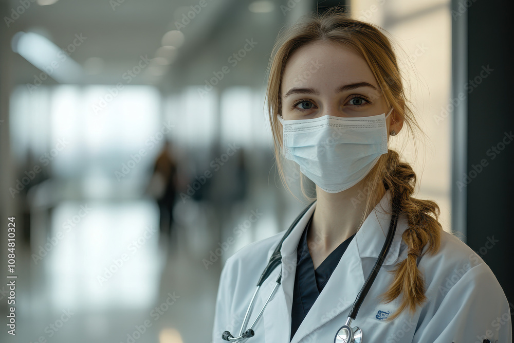A healthcare professional in a mask, smiling in a hospital corridor. A healthcare professional in a mask, smiling in a hospital corridor.