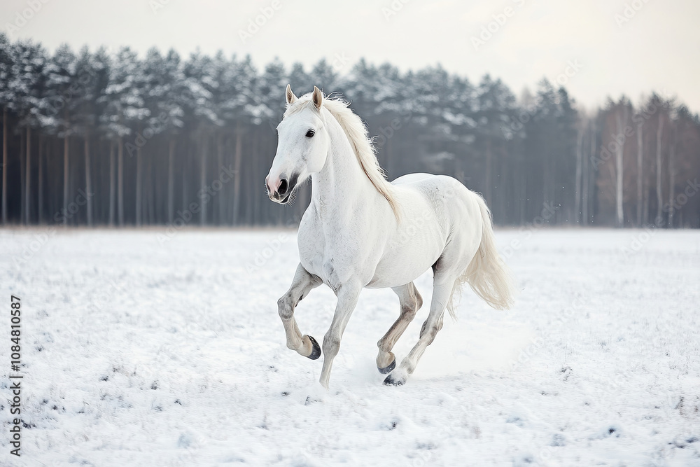A white horse galloping through a snowy landscape with pine trees in the background. A white horse galloping through a snowy landscape with pine trees in the background.