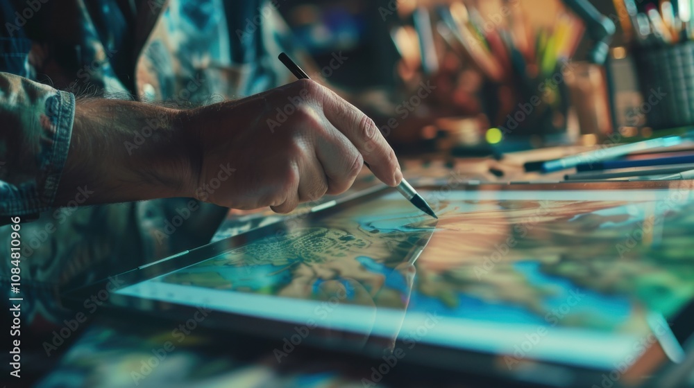 Fototapeta premium A digital artist creating concept art on a high-resolution tablet with stylus, Artistic creation scene, Contemporary style