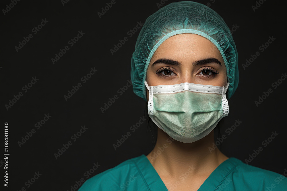 A healthcare professional wearing a mask and scrub cap, conveying a sense of care and professionalism. A healthcare professional wearing a mask and scrub cap, conveying a sense of care and professionalism.