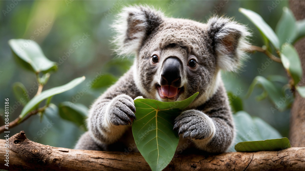 Obraz premium Cute koala is eating a leaf