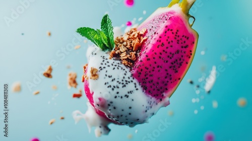 Fresh Dragon Fruit with Yogurt and Granola Topping in Air Against a Bright Blue Background, Creating a Vibrant and Refreshing Culinary Scene