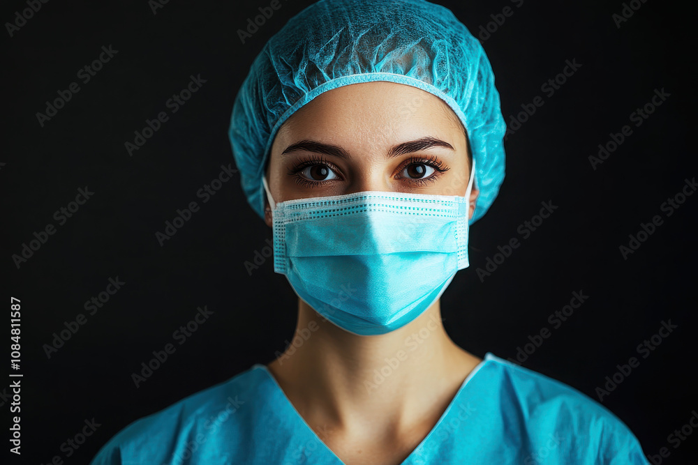 A healthcare professional wearing a surgical mask and cap, ready for medical procedures. A healthcare professional wearing a surgical mask and cap, ready for medical procedures.