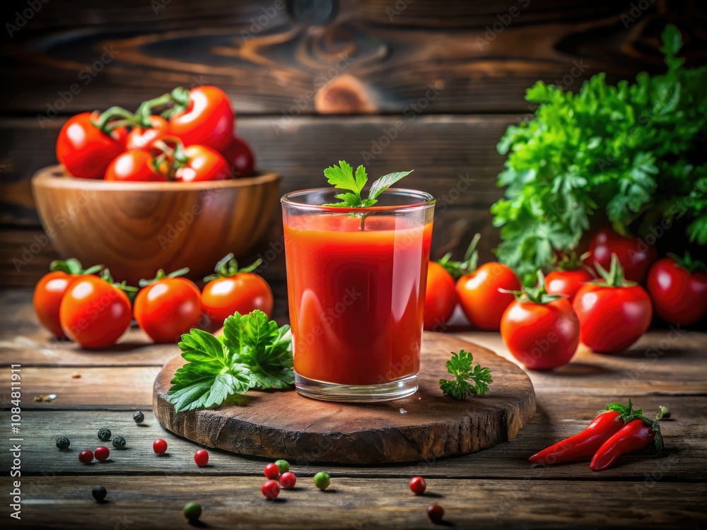 Fresh Tomato Juice with Parsley and Juicy Tomatoes on Rustic Table - Healthy Beverage, Organic Ingredients, Vibrant Colors, Farm-to-Table, Natural Refreshment, Summer Drink Inspiration Fresh Tomato Juice with Parsley and Juicy Tomatoes on Rustic Table - Healthy Beverage, Organic Ingredients, Vibrant Colors, Farm-to-Table, Natural Refreshment, Summer Drink Inspiration