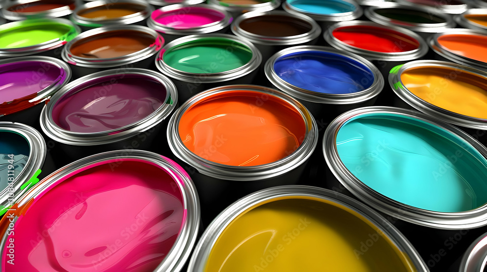 A Close-Up View of Multiple Open Paint Cans, Displaying a Vibrant Array of Colors, Including Red, Blue, Green, Orange, Pink, and Yellow, Highlighting the Creativity and Potential of Painting A Close-Up View of Multiple Open Paint Cans, Displaying a Vibrant Array of Colors, Including Red, Blue, Green, Orange, Pink, and Yellow, Highlighting the Creativity and Potential of Painting