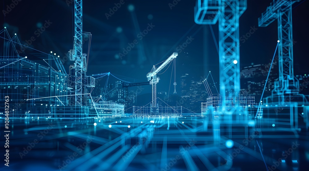 A digital representation of a construction site with cranes and urban skyline elements. A digital representation of a construction site with cranes and urban skyline elements.