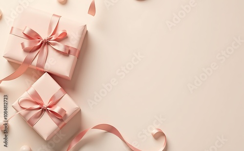 Gift boxes with ribbons on beige background, top view photo