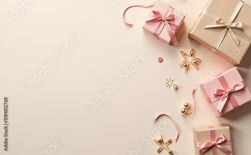 Gift boxes with ribbons on beige background, top view