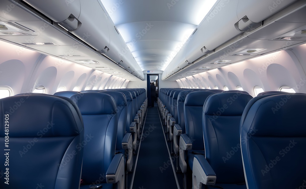 Interior of airplane with empty seats and aisle. Interior of airplane with empty seats and aisle.