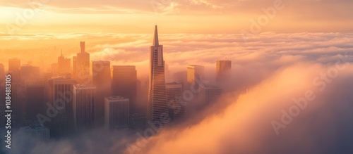 Cityscape with skyscrapers emerging from the clouds during a sunrise.