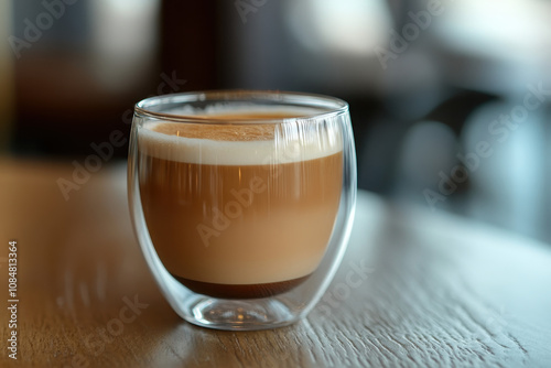 A glass of layered coffee with frothy milk on top, served on a wooden table.