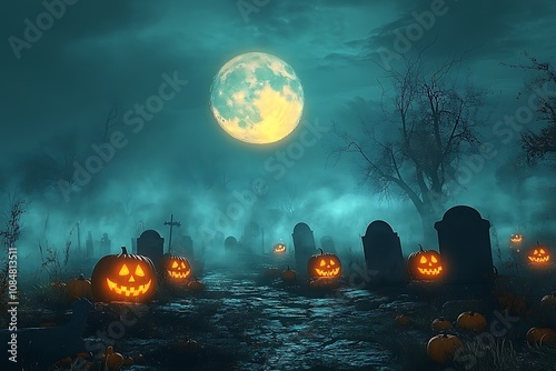 Spooky graveyard scene with glowing pumpkins and a full moon.