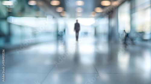 Abstract Blurred Background of a Person Walking Through a Modern Office Building Hallway with Bright Lights, a Sense of Movement and Minimalism in the Abstract Background.