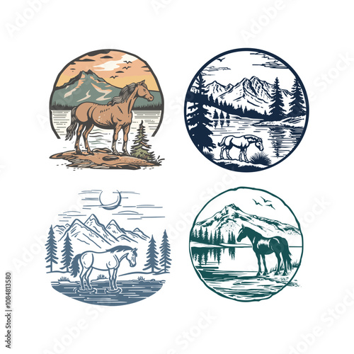 horses by the lake logo design vector vintage photo