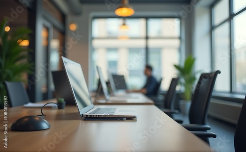 Blurred image of business people working on computer in meeting room at office photo