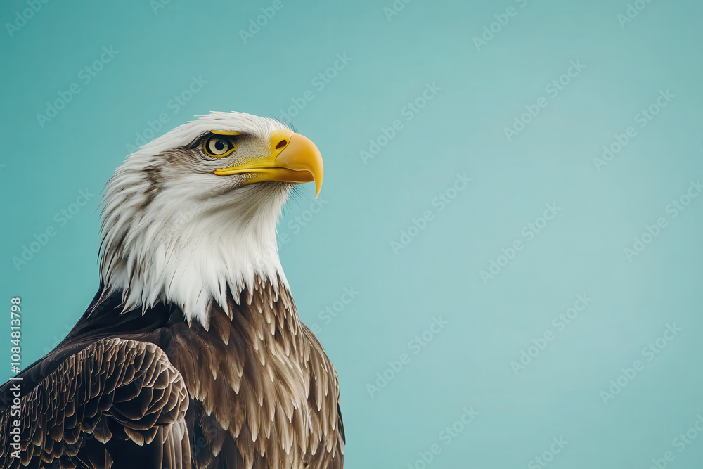 A majestic eagle with a sharp gaze against a soft blue background. A majestic eagle with a sharp gaze against a soft blue background.