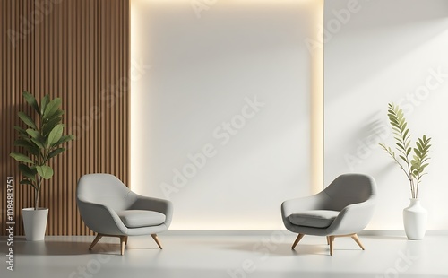 Modern living room interior with white walls, concrete floor, white armchairs and plant.  photo