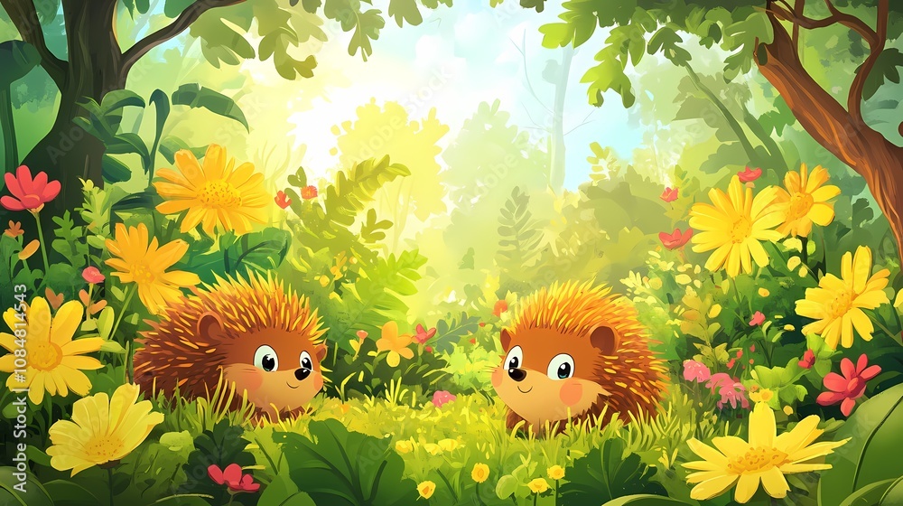 Two cute hedgehogs in a vibrant, flower-filled forest setting. Two cute hedgehogs in a vibrant, flower-filled forest setting.