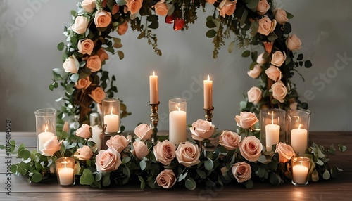 Elegant floral arrangement with candles and roses romantic setting event decoration indoor ambiance soft lighting concept for wedding or celebration