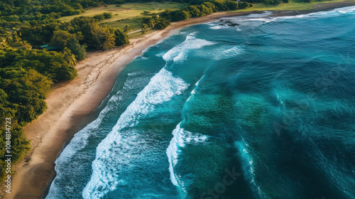 Aerial view of tropical beach and waves