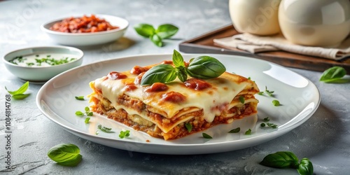 Elegant Lasagna Presentation on Marble Countertop with Fresh Basil Garnish and Drizzle of Sauce for Culinary Stock Photos