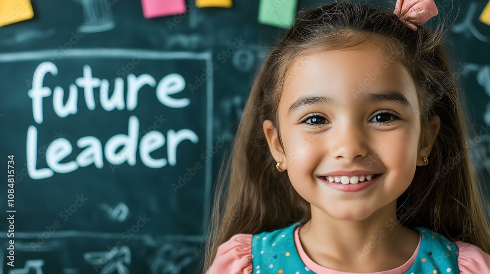 A cheerful young girl smiling brightly in front of a chalkboard with the words 'future leader' written on it. She embodies hope and potential. A cheerful young girl smiling brightly in front of a chalkboard with the words 'future leader' written on it. She embodies hope and potential.