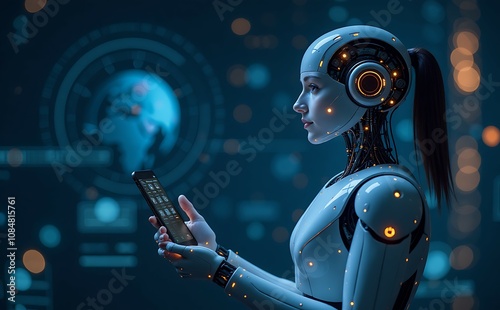 AI woman robot holding phone, global digital interface. photo