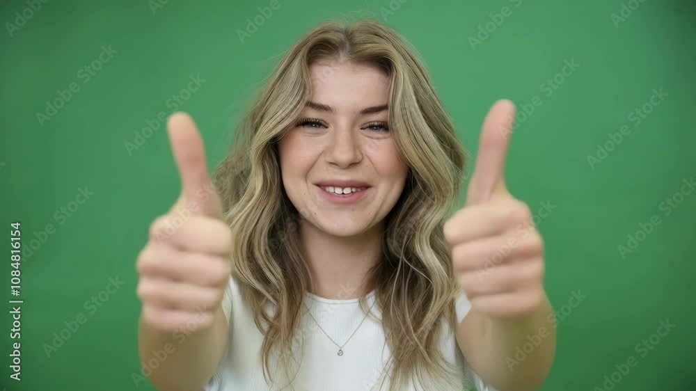 A smiling young woman giving two thumbs up against a green background.